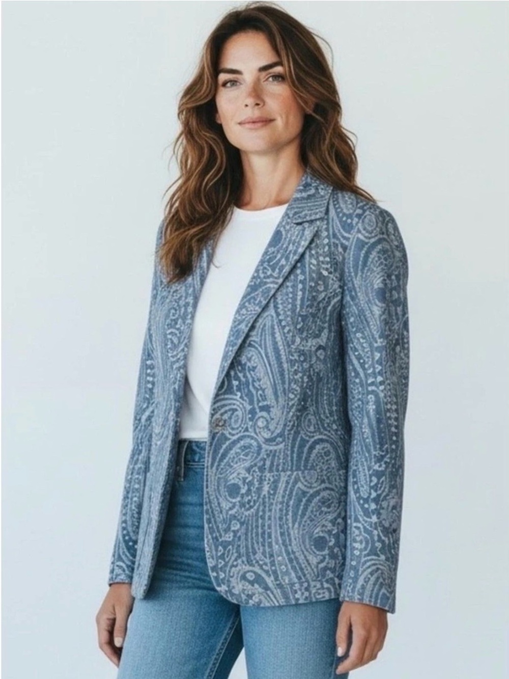 SOLITAIRE Light Blue Paisley Blazer Jacket Denim Jeans Classic Timeless L Preppy